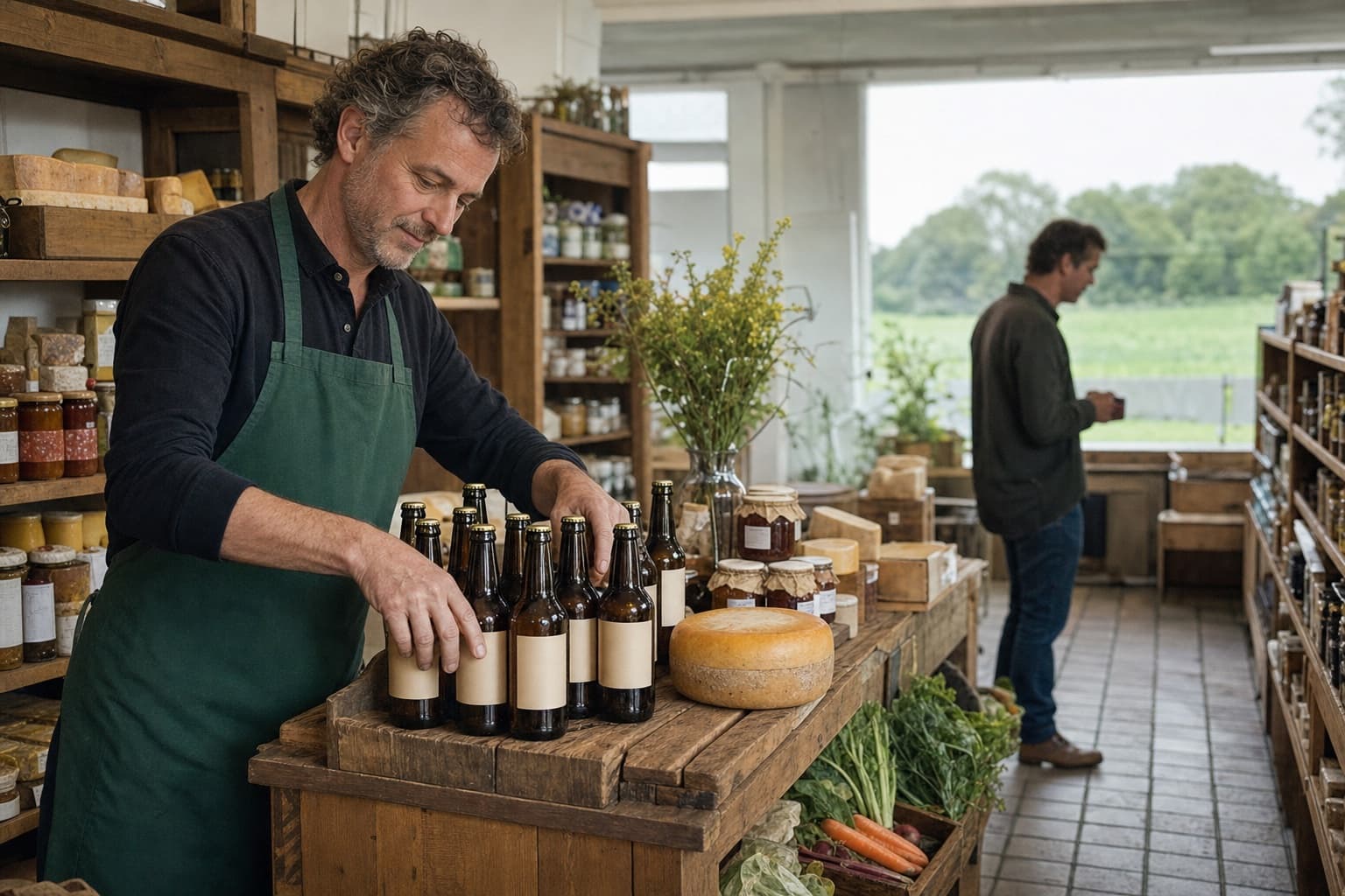 Een volwassen winkelier richt een bierpresentatie in een speciaalzaak in